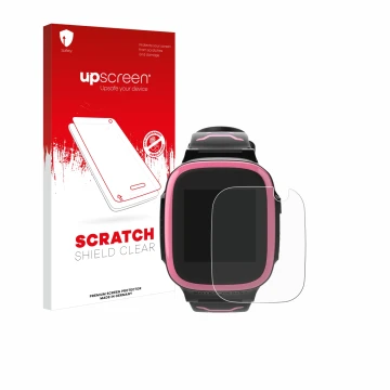 Face avant d’un emballage produit avec le logo de la marque upscreen. À côté, l’appareil Xplora X5 Play est représenté avec la