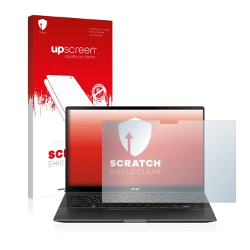 Face avant d’un emballage produit avec le logo de la marque upscreen. À côté, l’appareil ASUS ZenBook Flip 14 UX463FA est repr