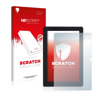 Face avant d’un emballage produit avec le logo de la marque upscreen. À côté, l’appareil Simbans Tangotab 10