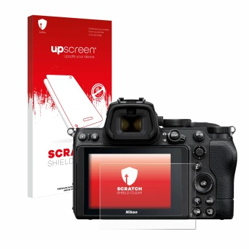 Face avant d’un emballage produit avec le logo de la marque upscreen. À côté, l’appareil Nikon Z 5 est représenté avec la prot