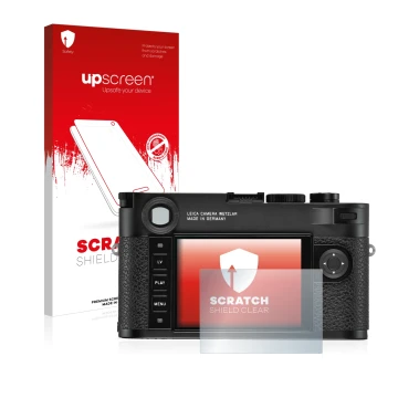 Face avant d’un emballage produit avec le logo de la marque upscreen. À côté, l’appareil Leica M10-R est représenté avec la pr