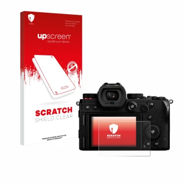 Face avant d’un emballage produit avec le logo de la marque upscreen. À côté, l’appareil Panasonic Lumix DC-S5 est représenté 