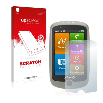 Face avant d’un emballage produit avec le logo de la marque upscreen. À côté, l’appareil Mitac Mio Cyclo Discover est représen