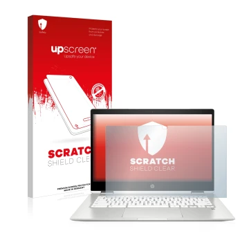 Face avant d’un emballage produit avec le logo de la marque upscreen. À côté, l’appareil HP Chromebook x360 (14b-caX) est repr