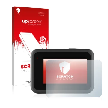 Face avant d’un emballage produit avec le logo de la marque upscreen. À côté, l’appareil GoPro Hero 9 Black est représenté ave