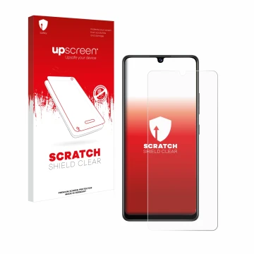 Face avant d’un emballage produit avec le logo de la marque upscreen. À côté, l’appareil Samsung Galaxy A42 5G est représenté 