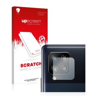 Face avant d’un emballage produit avec le logo de la marque upscreen. À côté, l’appareil Samsung Galaxy A42 5G (Caméra UNIQUEM