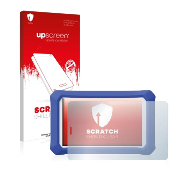 Face avant d’un emballage produit avec le logo de la marque upscreen. À côté, l’appareil Clementoni Clempad 9 Plus est représe