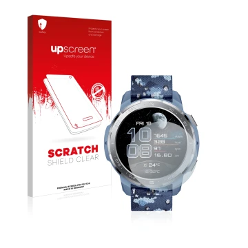 Face avant d’un emballage produit avec le logo de la marque upscreen. À côté, l’appareil Honor Watch GS Pro est représenté ave