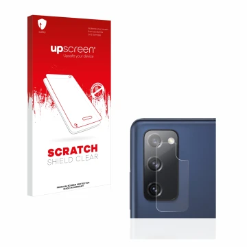 Face avant d’un emballage produit avec le logo de la marque upscreen. À côté, l’appareil Samsung Galaxy S20 FE (Caméra UNIQUEM
