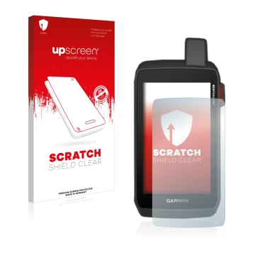 Face avant d’un emballage produit avec le logo de la marque upscreen. À côté, l’appareil Garmin Montana 700i est représenté av