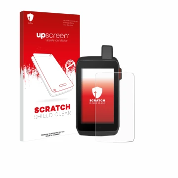 Face avant d’un emballage produit avec le logo de la marque upscreen. À côté, l’appareil Garmin Montana 700 est représenté ave