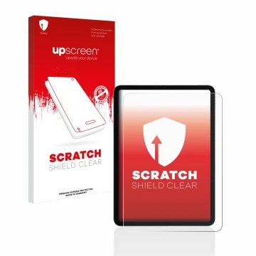 Face avant d’un emballage produit avec le logo de la marque upscreen. À côté, l’appareil Apple iPad Air 4 WiFi 2020 (4ème Gen.