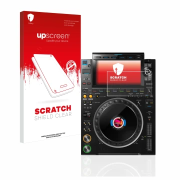 Face avant d’un emballage produit avec le logo de la marque upscreen. À côté, l’appareil Pioneer CDJ 3000 est représenté avec 