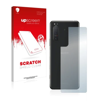 Face avant d’un emballage produit avec le logo de la marque upscreen. À côté, l’appareil Sony Xperia 5 II (Arrière) est représ