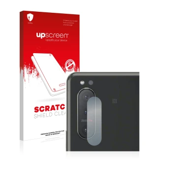 Face avant d’un emballage produit avec le logo de la marque upscreen. À côté, l’appareil Sony Xperia 5 II (Caméra UNIQUEMENT) 