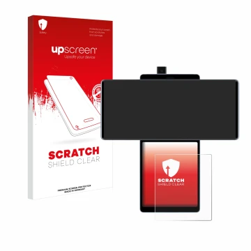 Face avant d’un emballage produit avec le logo de la marque upscreen. À côté, l’appareil LG Wing (Affichage arrière) est repré