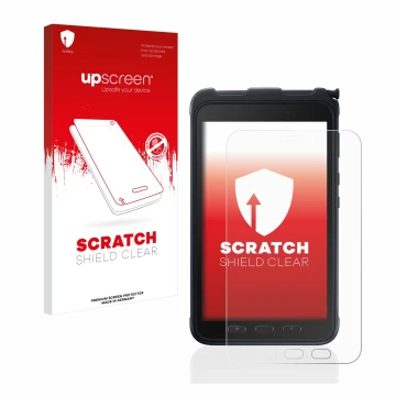 Face avant d’un emballage produit avec le logo de la marque upscreen. À côté, l’appareil Samsung Galaxy Tab Active 3 est repré