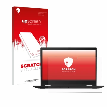 Face avant d’un emballage produit avec le logo de la marque upscreen. À côté, l’appareil Lenovo ThinkPad X13 Yoga Gen 1 est re