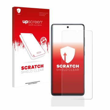 Face avant d’un emballage produit avec le logo de la marque upscreen. À côté, l’appareil Samsung Galaxy S20 FE 5G est représen