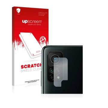 Face avant d’un emballage produit avec le logo de la marque upscreen. À côté, l’appareil Xiaomi Mi 10T Pro 5G (Caméra UNIQUEME