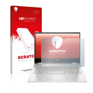 Face avant d’un emballage produit avec le logo de la marque upscreen. À côté, l’appareil HP Pavilion x360 (14-dwX) est représe