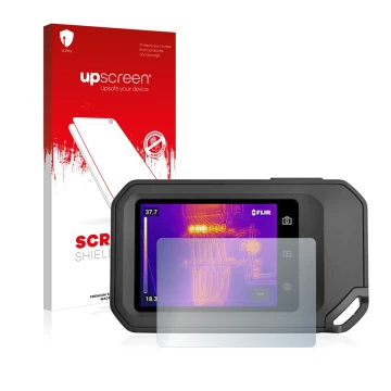 Face avant d’un emballage produit avec le logo de la marque upscreen. À côté, l’appareil Flir C5 est représenté avec la protec