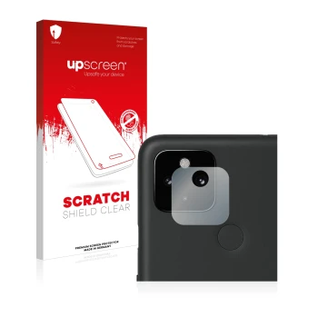 Face avant d’un emballage produit avec le logo de la marque upscreen. À côté, l’appareil Google Pixel 4a 5G (Caméra UNIQUEMENT