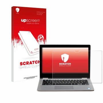 Face avant d’un emballage produit avec le logo de la marque upscreen. À côté, l’appareil Dell Latitude 3310 2-in-1 est représe