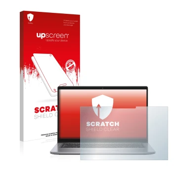 Face avant d’un emballage produit avec le logo de la marque upscreen. À côté, l’appareil Dell Latitude 7410 2-in-1 est représe