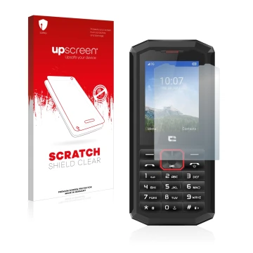 Face avant d’un emballage produit avec le logo de la marque upscreen. À côté, l’appareil Crosscall Spider X5 est représenté av