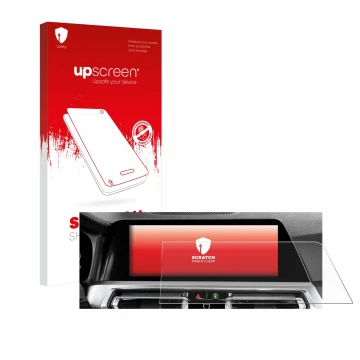 Face avant d’un emballage produit avec le logo de la marque upscreen. À côté, l’appareil BMW 3 G20 Limousine 2018 Infotainment