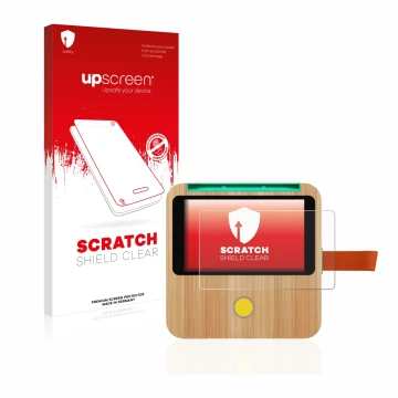 Face avant d’un emballage produit avec le logo de la marque upscreen. À côté, l’appareil tigerbox Touch est représenté avec la