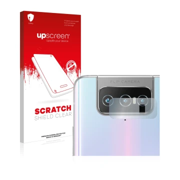 Face avant d’un emballage produit avec le logo de la marque upscreen. À côté, l’appareil ASUS Zenfone 7 Pro ZS671KS (Caméra UN