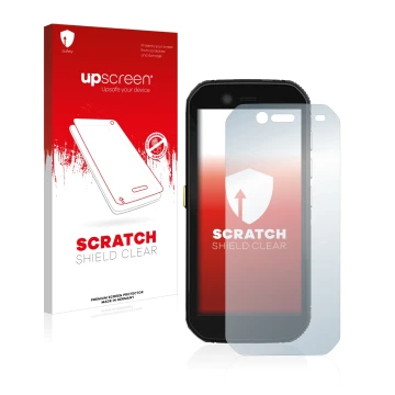 Face avant d’un emballage produit avec le logo de la marque upscreen. À côté, l’appareil Caterpillar Cat S42 est représenté av