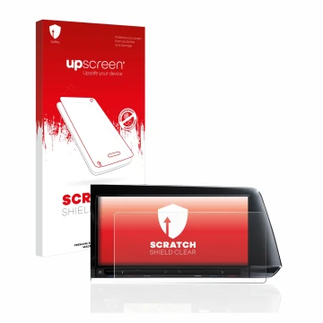 Face avant d’un emballage produit avec le logo de la marque upscreen. À côté, l’appareil Volkswagen Golf 8 2020 Discover Pro 1