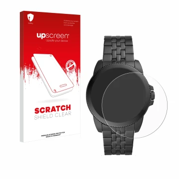 Face avant d’un emballage produit avec le logo de la marque upscreen. À côté, l’appareil Fossil Gen 5E est représenté avec la 