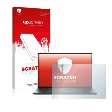 Face avant d’un emballage produit avec le logo de la marque upscreen. À côté, l’appareil Dell XPS 15 9500 est représenté avec 