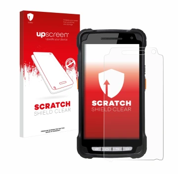 Face avant d’un emballage produit avec le logo de la marque upscreen. À côté, l’appareil Point Mobile PM90 est représenté avec