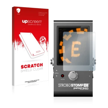 Face avant d’un emballage produit avec le logo de la marque upscreen. À côté, l’appareil Peterson Strobostomp HD est représent