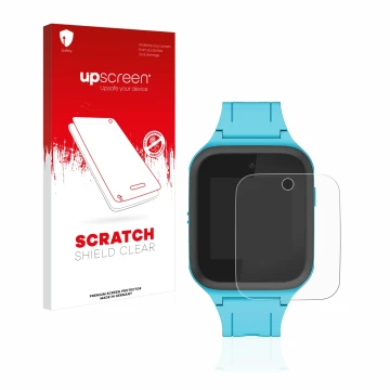 Face avant d’un emballage produit avec le logo de la marque upscreen. À côté, l’appareil TCL Movetime FamilyWatch Kids MT40X e