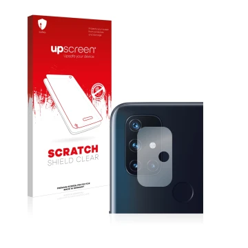 Face avant d’un emballage produit avec le logo de la marque upscreen. À côté, l’appareil OnePlus Nord N10 5G (Caméra UNIQUEMEN