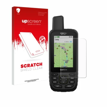Face avant d’un emballage produit avec le logo de la marque upscreen. À côté, l’appareil Garmin GPSMAP 66sr est représenté ave