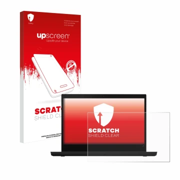Face avant d’un emballage produit avec le logo de la marque upscreen. À côté, l’appareil Lenovo ThinkPad L14 est représenté av