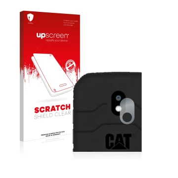 Face avant d’un emballage produit avec le logo de la marque upscreen. À côté, l’appareil Caterpillar Cat S42 (Caméra UNIQUEMEN