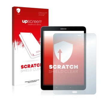 Face avant d’un emballage produit avec le logo de la marque upscreen. À côté, l’appareil Samsung Galaxy Tab S3 est représenté 