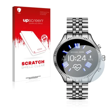 Face avant d’un emballage produit avec le logo de la marque upscreen. À côté, l’appareil Michael Kors Access Gen 5 Lexington e