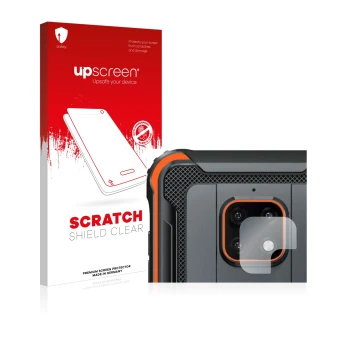 Face avant d’un emballage produit avec le logo de la marque upscreen. À côté, l’appareil Blackview BV4900 Pro (Caméra UNIQUEME