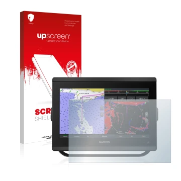 Face avant d’un emballage produit avec le logo de la marque upscreen. À côté, l’appareil Garmin GPSMAP 8412xsv est représenté 