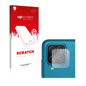 Face avant d’un emballage produit avec le logo de la marque upscreen. À côté, l’appareil Samsung Galaxy A12 (Caméra UNIQUEMENT